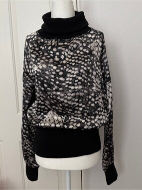 Black and White Printed Turtleneck Silk Blouse